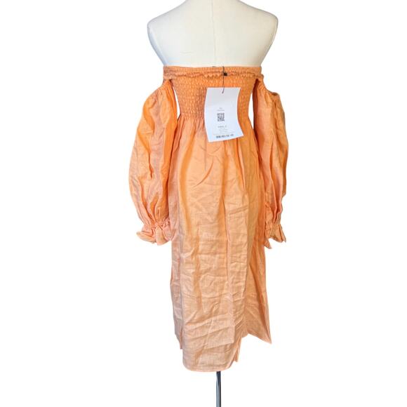 SLEEPER Atlanta Linen Off-Shoulder Midi Dress Coral Orange Size Medium NWT - Picture 6 of 12
